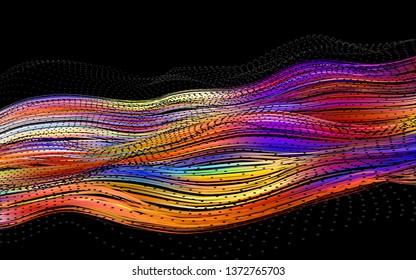 3D sea colored abstract twisted fluide shape on dark background. Trendy liquid design. Flow shapes stream paint. Deep analysis brushstroke colorful banner. Vector illustration realistic dye mesh grid.