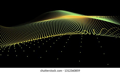 3d sea dots wave glowing stream. Flow from dynamic particles. Chain of nodes. Array surface isolated on black background. Colorful lights of intersections sparkles. Beautiful vector abstract shapes.