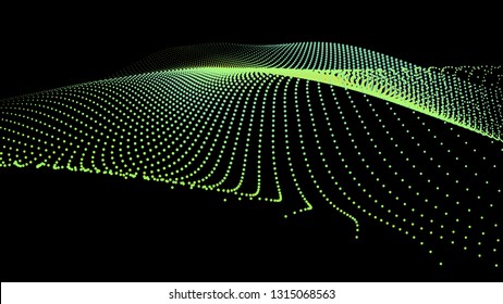 3d sea dots wave glowing stream. Flow from dynamic particles. Chain of nodes. Array surface isolated on black background. Colorful lights of intersections sparkles. Beautiful vector abstract shapes.