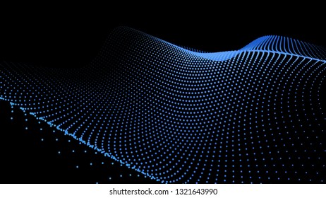 3d sea dots wave glowing stream. Flow from dynamic particles. Chain of nodes. Array surface isolated on black background. Colorful lights of intersections sparkles. Beautiful vector abstract shapes.