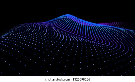 3d sea dots wave glowing stream. Flow from dynamic particles. Chain of nodes. Array surface isolated on black background. Colorful lights of intersections sparkles. Beautiful vector abstract shapes.