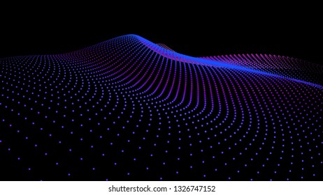 3d sea dots wave glowing stream. Flow from dynamic particles. Chain of nodes. Array surface isolated on black background. Colorful lights of intersections sparkles. Beautiful vector abstract shapes.