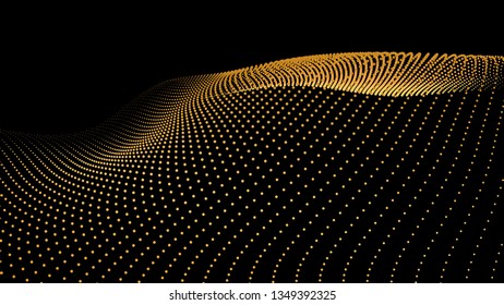 3d sea dots wave glowing stream. Flow from dynamic particles. Chain of nodes. Array surface isolated on black background. Colorful lights of intersections sparkles. Beautiful vector abstract shapes.
