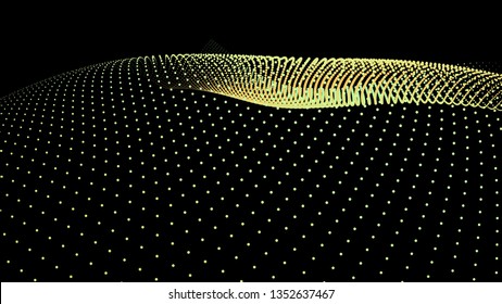 3d sea dots wave glowing stream. Flow from dynamic particles. Chain of nodes. Array surface isolated on black background. Colorful lights of intersections sparkles. Beautiful vector abstract shapes.
