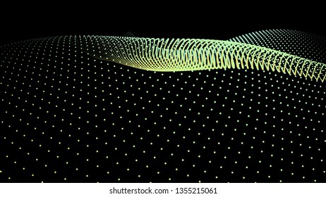 3d sea dots wave glowing stream. Flow from dynamic particles. Chain of nodes. Array surface isolated on black background. Colorful lights of intersections sparkles. Beautiful vector abstract shapes.