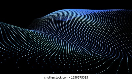 3d sea dots wave glowing stream. Flow from dynamic particles. Chain of nodes. Array surface isolated on black background. Colorful lights of intersections sparkles. Beautiful vector abstract shapes.