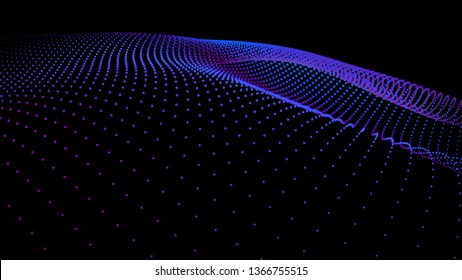 3d sea dots wave glowing stream. Flow from dynamic particles. Chain of nodes. Array surface isolated on black background. Colorful lights of intersections sparkles. Beautiful vector abstract shapes.