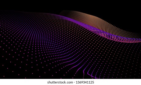 3d sea dots wave glowing stream. Flow from dynamic particles. Chain of nodes. Array surface isolated on black background. Colorful lights of intersections sparkles. Beautiful vector abstract shapes.
