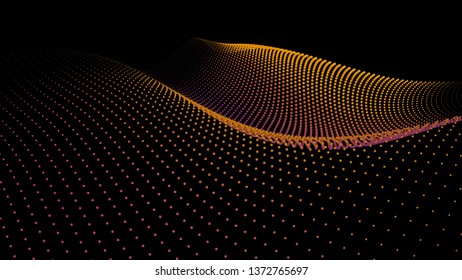 3d sea dots wave glowing stream. Flow from dynamic particles. Chain of nodes. Array surface isolated on black background. Colorful lights of intersections sparkles. Beautiful vector abstract shapes.