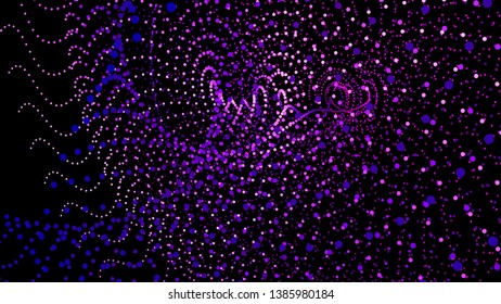 3d sea dots wave glowing stream. Flow from dynamic particles. Chain of nodes. Array surface isolated on black background. Colorful lights of intersections sparkles. Beautiful vector abstract shapes.