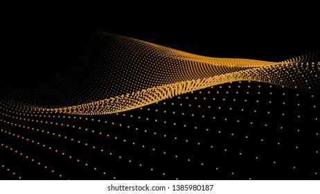 3d sea dots wave glowing stream. Flow from dynamic particles. Chain of nodes. Array surface isolated on black background. Colorful lights of intersections sparkles. Beautiful vector abstract shapes.