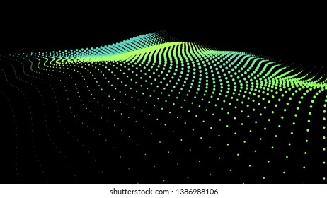 3d sea dots wave glowing stream. Flow from dynamic particles. Chain of nodes. Array surface isolated on black background. Colorful lights of intersections sparkles. Beautiful vector abstract shapes.