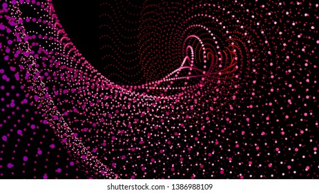 3d sea dots wave glowing stream. Flow from dynamic particles. Chain of nodes. Array surface isolated on black background. Colorful lights of intersections sparkles. Beautiful vector abstract shapes.