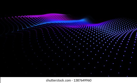 3d sea dots wave glowing stream. Flow from dynamic particles. Chain of nodes. Array surface isolated on black background. Colorful lights of intersections sparkles. Beautiful vector abstract shapes.