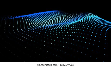 3d sea dots wave glowing stream. Flow from dynamic particles. Chain of nodes. Array surface isolated on black background. Colorful lights of intersections sparkles. Beautiful vector abstract shapes.