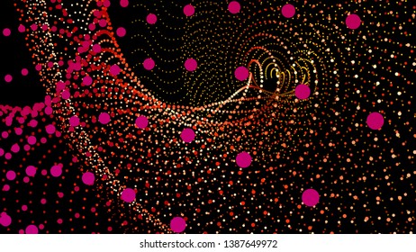 3d sea dots wave glowing stream. Flow from dynamic particles. Chain of nodes. Array surface isolated on black background. Colorful lights of intersections sparkles. Beautiful vector abstract shapes.