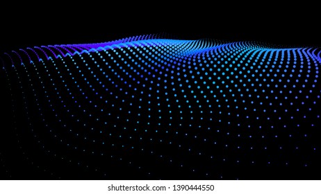 3d sea dots wave glowing stream. Flow from dynamic particles. Chain of nodes. Array surface isolated on black background. Colorful lights of intersections sparkles. Beautiful vector abstract shapes.