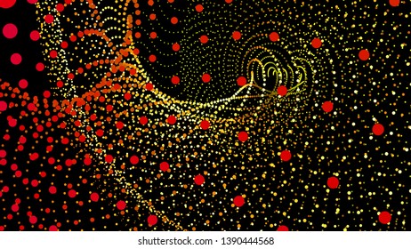 3d sea dots wave glowing stream. Flow from dynamic particles. Chain of nodes. Array surface isolated on black background. Colorful lights of intersections sparkles. Beautiful vector abstract shapes.
