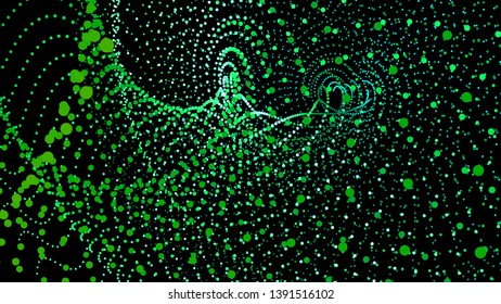 3d sea dots wave glowing stream. Flow from dynamic particles. Chain of nodes. Array surface isolated on black background. Colorful lights of intersections sparkles. Beautiful vector abstract shapes.