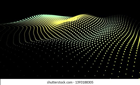 3d sea dots wave glowing stream. Flow from dynamic particles. Chain of nodes. Array surface isolated on black background. Colorful lights of intersections sparkles. Beautiful vector abstract shapes.