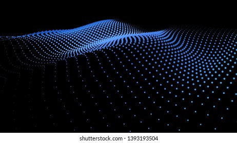 3d sea dots wave glowing stream. Flow from dynamic particles. Chain of nodes. Array surface isolated on black background. Colorful lights of intersections sparkles. Beautiful vector abstract shapes.