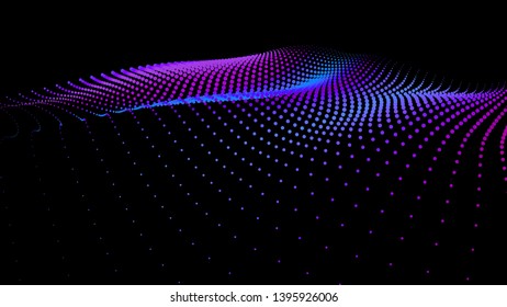 3d sea dots wave glowing stream. Flow from dynamic particles. Chain of nodes. Array surface isolated on black background. Colorful lights of intersections sparkles. Beautiful vector abstract shapes.