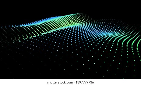 3d sea dots wave glowing stream. Flow from dynamic particles. Chain of nodes. Array surface isolated on black background. Colorful lights of intersections sparkles. Beautiful vector abstract shapes.