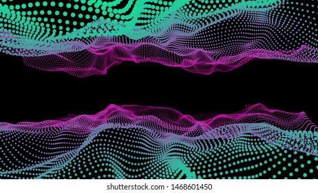 3d sea dots wave glowing stream. Flow from dynamic reflect particles. Chain of nodes. Array surface isolated on black background. Colorful lights of sparkles. Beautiful vector abstract shapes.