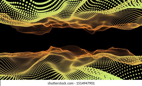 3d sea dots wave glowing stream. Flow from dynamic reflect particles. Chain of nodes. Array surface isolated on black background. Colorful lights of sparkles. Beautiful vector abstract shapes.