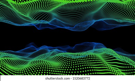 3d sea dots wave glowing stream. Flow from dynamic reflect particles. Chain of nodes. Array surface isolated on black background. Colorful lights of sparkles. Beautiful vector abstract shapes.