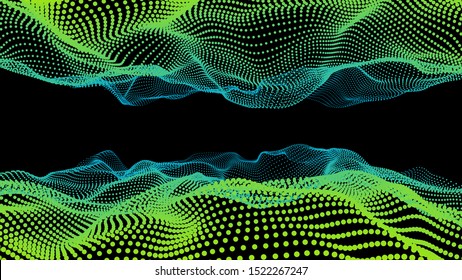 3d sea dots wave glowing stream. Flow from dynamic reflect particles. Chain of nodes. Array surface isolated on black background. Colorful lights of sparkles. Beautiful vector abstract shapes.