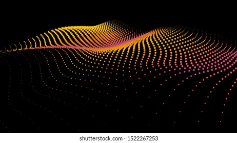 3d sea dots wave glowing stream. Flow from dynamic particles. Chain of nodes. Array surface isolated on black background. Colorful lights of intersections sparkles. Beautiful vector abstract shapes.