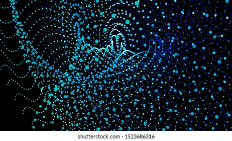 3d sea dots wave glowing stream. Flow from dynamic particles. Chain of nodes. Array surface isolated on black background. Colorful lights of intersections sparkles. Beautiful vector abstract shapes.