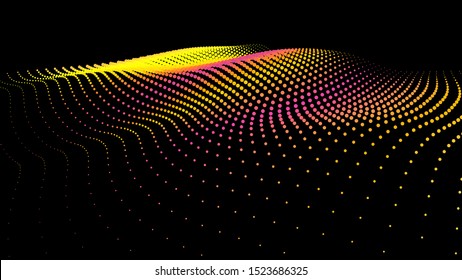 3d sea dots wave glowing stream. Flow from dynamic particles. Chain of nodes. Array surface isolated on black background. Colorful lights of intersections sparkles. Beautiful vector abstract shapes.