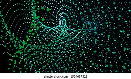 3d sea dots wave glowing stream. Flow from dynamic particles. Chain of nodes. Array surface isolated on black background. Colorful lights of intersections sparkles. Beautiful vector abstract shapes.