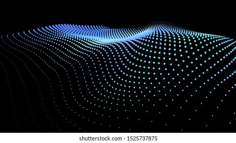 3d sea dots wave glowing stream. Flow from dynamic particles. Chain of nodes. Array surface isolated on black background. Colorful lights of intersections sparkles. Beautiful vector abstract shapes.