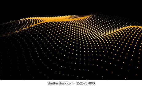 3d sea dots wave glowing stream. Flow from dynamic particles. Chain of nodes. Array surface isolated on black background. Colorful lights of intersections sparkles. Beautiful vector abstract shapes.