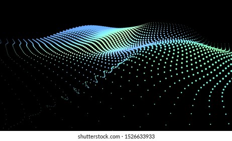 3d sea dots wave glowing stream. Flow from dynamic particles. Chain of nodes. Array surface isolated on black background. Colorful lights of intersections sparkles. Beautiful vector abstract shapes.