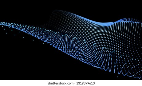 3d sea dots wave glowшng stream. Flow from dynamic particles. Chain of nodes. Array surface isolated on black background. Colorful lights of intersections sparkles. Beautiful vector abstract shapes.