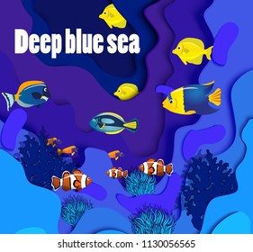 3D, sea fish and paper background, vector volumetric illustration, underwater life 