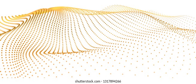 3d Sea Gold Dots Wave Isolated Stream On White Background. Visualization Flow From Dynamic Particles. Chain Of Nodes. Big Data Array Surface Sparkles. Beautiful Vector Deep Abstract Shapes.