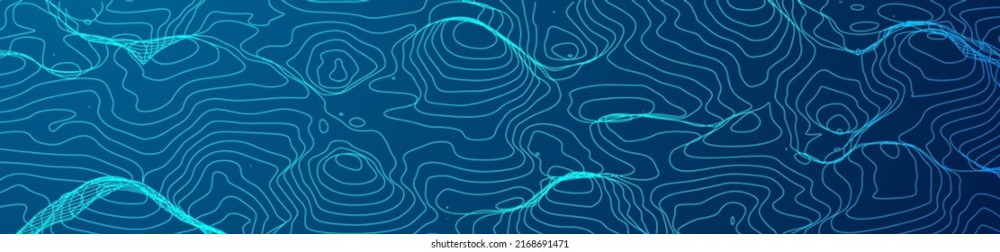 3D Sea Ocean Depth Topographic Topo Map Banner Background. Wide Curvy Wavy Lines Vector Illustration. Hills, Rivers and Mountains. Geography Concept. 