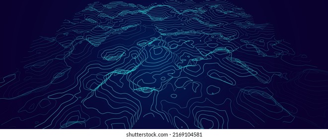 3D Sea Ocean Depth Topographic Topo Map Banner Background. Curvy Wavy Lines Vector Illustration. Hills, Rivers and Mountains. Geography Concept. 