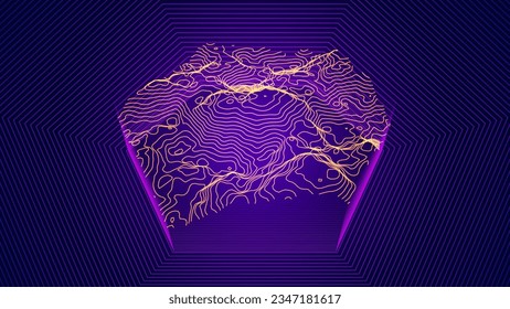 3D Sea Ocean Depth Topographic Topo Map Banner Hexagon Hologram Background. Curvy Wavy Lines Vector Illustration. Hills, Rivers and Mountains. Geography Concept.