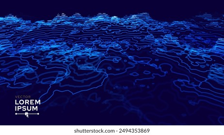 3D Sea Ocean Nautical Depth Topographic Topo Karte Banner Hintergrund. Kurvige Wellenlinien-Vektorillustration. Hügel, Flüsse und Berge. In: Geography Concept.