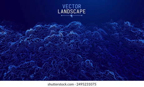 3D Sea Ocean Nautical Depth Topographic Topo Map Banner Background. Curvy Wavy Lines Vector Illustration. Hills, Rivers and Mountains. Geography Concept.