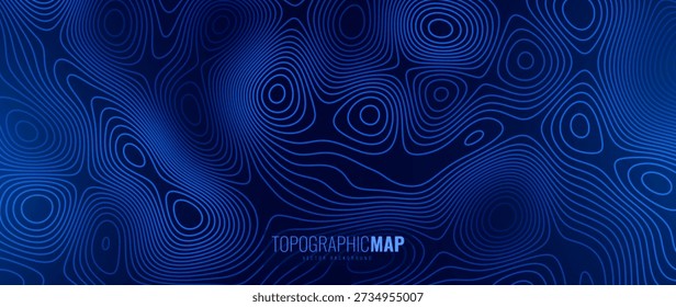 Fondo topográfico del Anuncio del mapa topográfico de la profundidad náutica del océano 3D. Ilustración vectorial de Curvy Wavy Lines. Colinas, ríos y montañas. Concepto de Geografía.