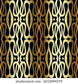  3D Seamless Art Deco pattern with golden ornamental shapes on a black background. Elegant, symmetrical and luxury vector design with a glossy metallic shine. Perfect for fabric, wallpaper, textile.