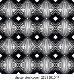 3d seamless black and white geometric modern pattern with repetitive curved lines and optical illusion effect. Abstract ornamental monochrome hypnotic vector background. Endless texture.