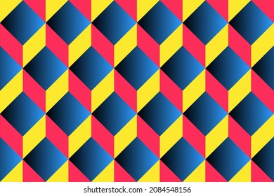 3D seamless colorful pattern with cubes. Abstract 3D geometric background with cubic structure. Graphic design for print, textile, wrapping and decoration. Blue gradient, yellow and pink. EPS 10.
